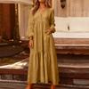 Women's Fashionable Solid Color V-neck Long Sleeved Loose Button Cotton Linen Retro Large Swing Long Casual Dress