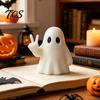 Whimsical Halloween Ghost Statue Figurine with Peace Sign, Spooky White Small Magic Crucible Decor Statue, Cute Tabletop Ornament for Shelf,