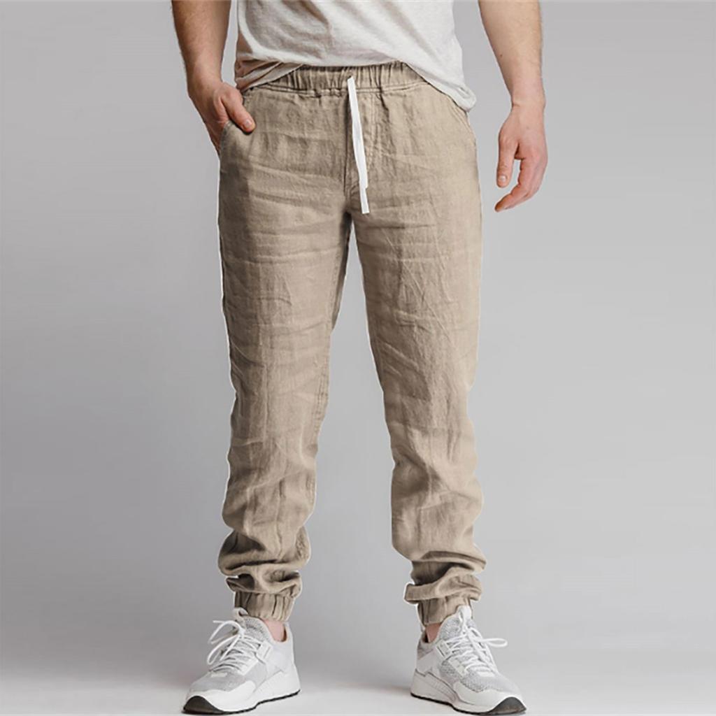 Новые мужские однотонные спортивные повседневные дышащие брюки из хлопка и льна со шнурком