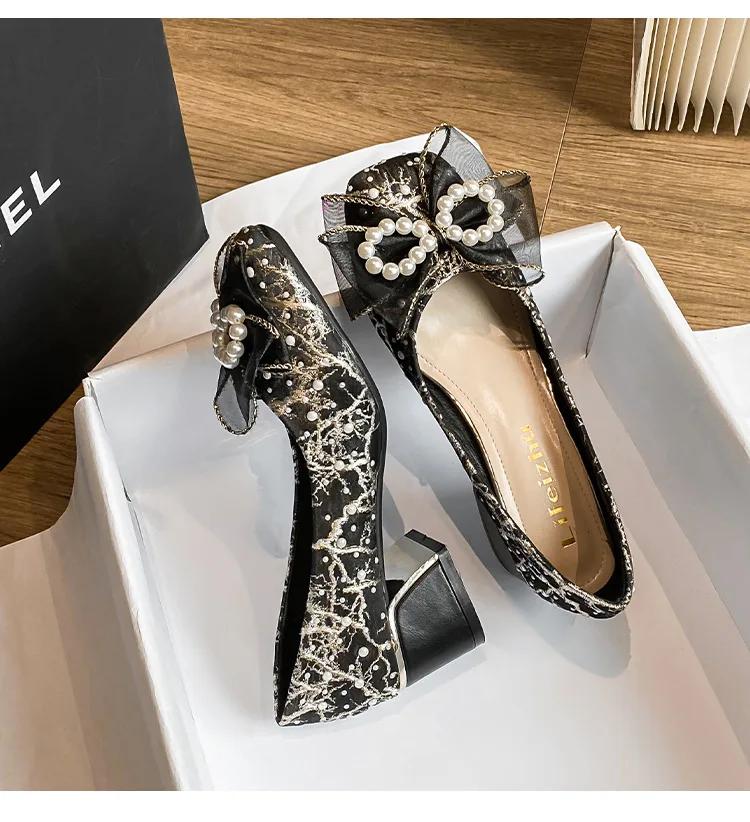 Весенняя Новая Обувь для Женщин Роскошные Туфли-лодочки Красивый Бант Туфли на Высоком Каблуке Женские Жемчужная Цепочка Туфли для Платья