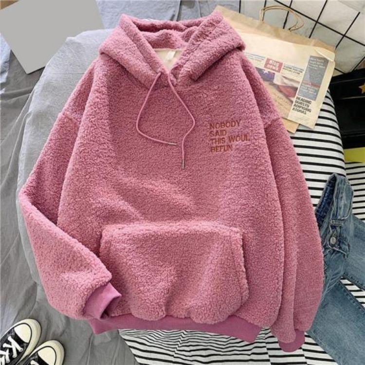 Women Fleece Hoodie Warm Winter Loose Pullover Long Sleeves Thick Letter Embroidery Top Elastic Cuff Drawstring Patch Pocket Fall Fashion
