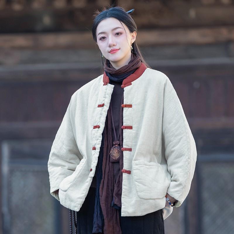 Johnature Китайский стиль пэчворк цвет зима для женщин стойка кнопки теплое пальто карманы пальто