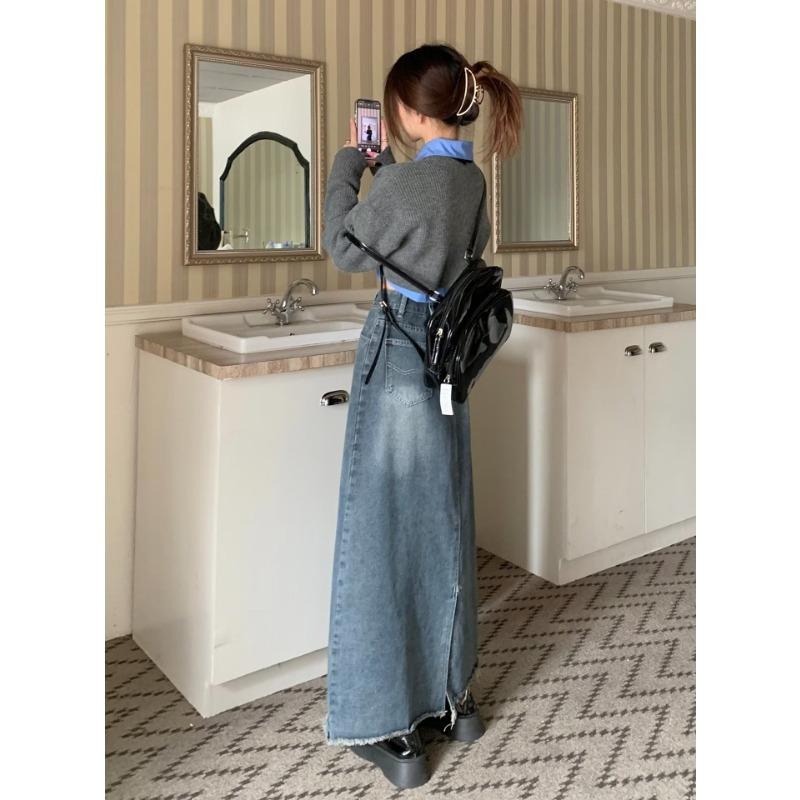 High-waisted Plus Size Denim Skirt Women Spring and Fall Open Long A-line Skirt