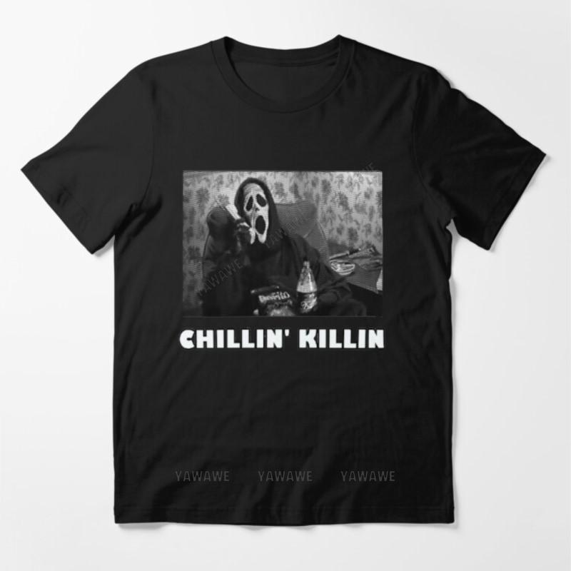 Новое поступление черная футболка с коротким рукавом унисекс хлопковый топ Chillin Killin Базовая футболка с принтом мужской повседневный стиль футболка