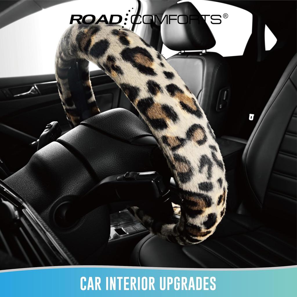Road Comforts Leopard Plush Steering Wheel Cover For Winter, Made With Flurry Microfiber, Universal Fit 14 1/2 To 15 Inches, Soft Fuzzy Warm For