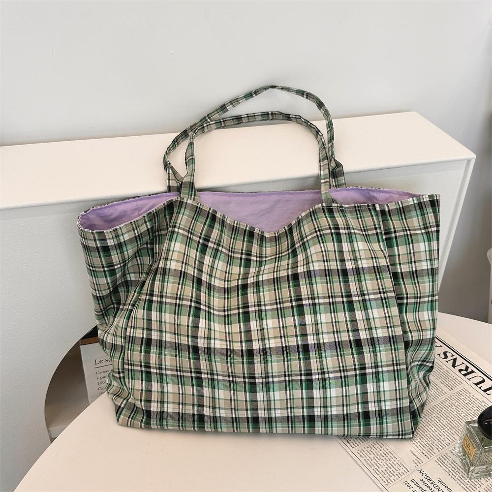 Travel Canvas Tote Bag Korean Style Women Handbag Fashion Plaid Shoulder Bag  Girls