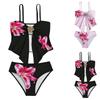 Girls Floral Print Two Piece Swimsuit Adjustable Straps Tankini Top with Decorative Front Detail and Matching Bottoms Lightweight Fabric