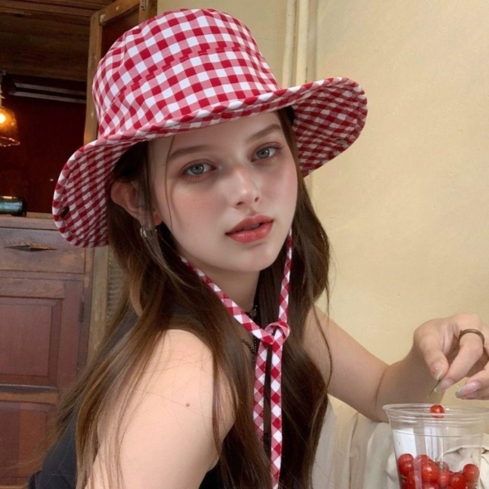 Japanese Y2k Fishmen Hat Lattice Wide Brim Sun Hat Fashion Bucket Hat Spring
