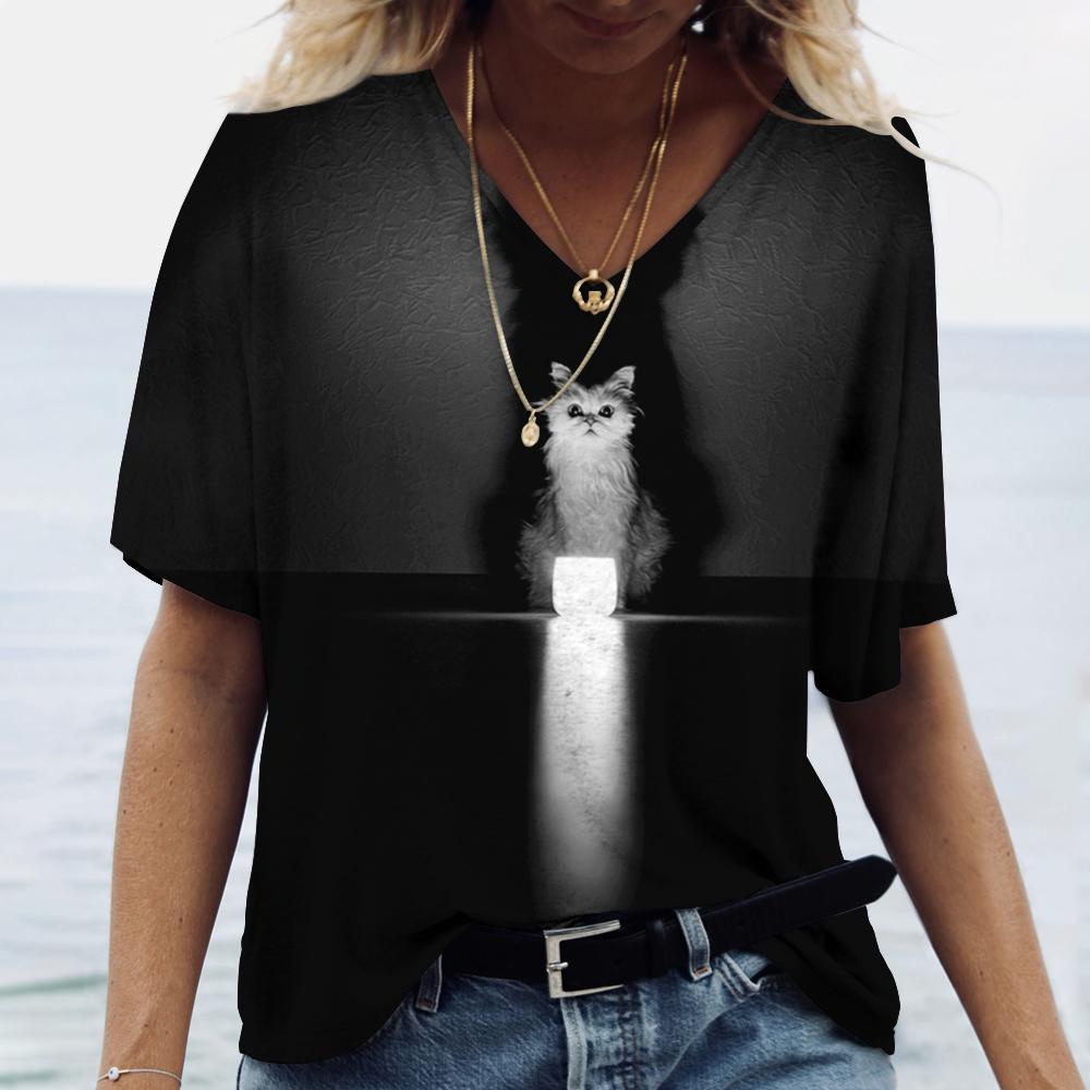 Летняя женская футболка с 3D принтом кота, топ с короткими рукавами, повседневные модные футболки с v-образным вырезом и животным, женская рубашка в стиле Харадзюку, одежда большого размера Y2k