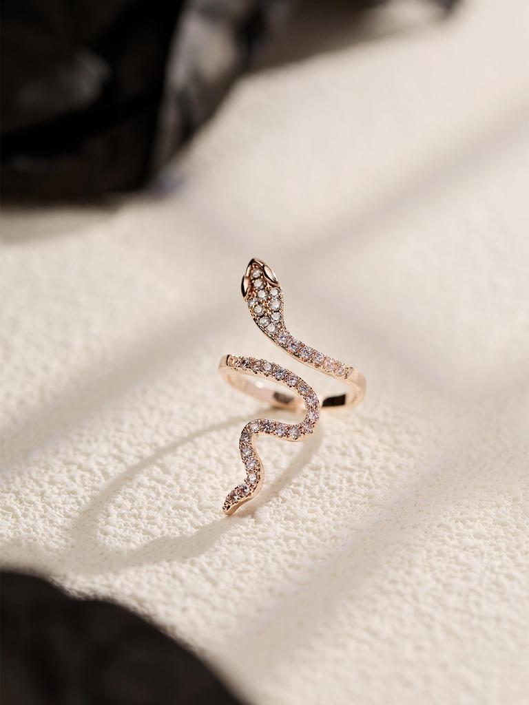 European & American Style Adjustable Copper Ring with Micro-Inlaid Sparkling Zircon and Serpent Design