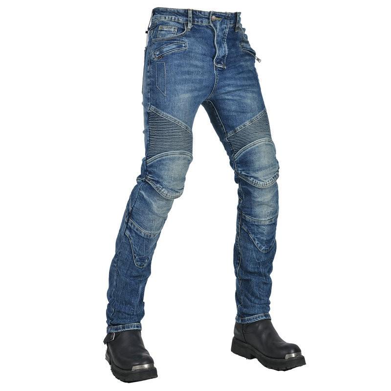 Mens Washed Vintage Motorcycle Riding Pants With Silicone Padding - Stretch Denim Protective Trousers Cycling