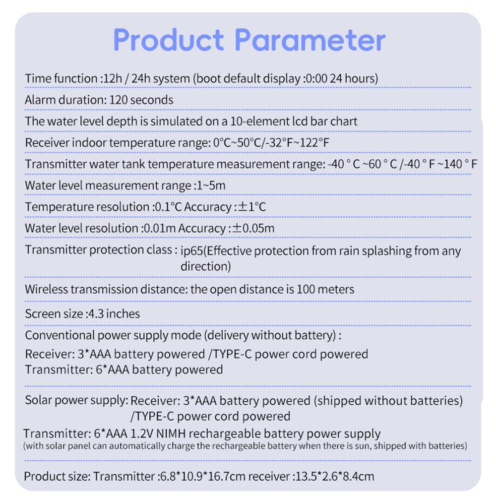 Ultrasonic Level Guage Wireless LCD Display Indoor Water Tank Liquid Level Meter Temperature Height Monitor Alarm Clock Sensor