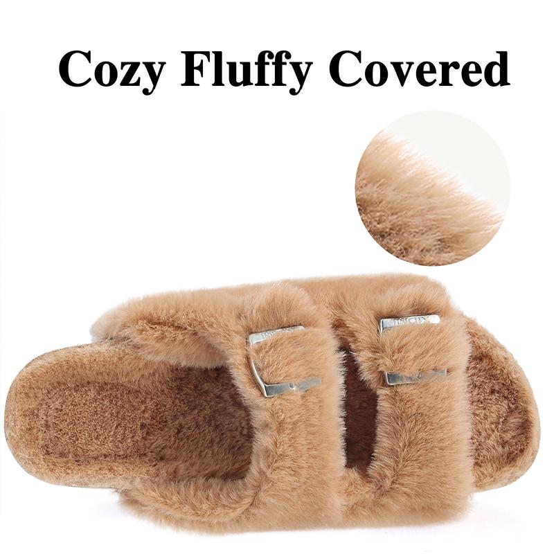 Fashion Smile Fashion Slippers For Women New Cork Insole Comfort Slides Outdoor Fluffy Sandals With Adjustable Metal Buckle Arch Support