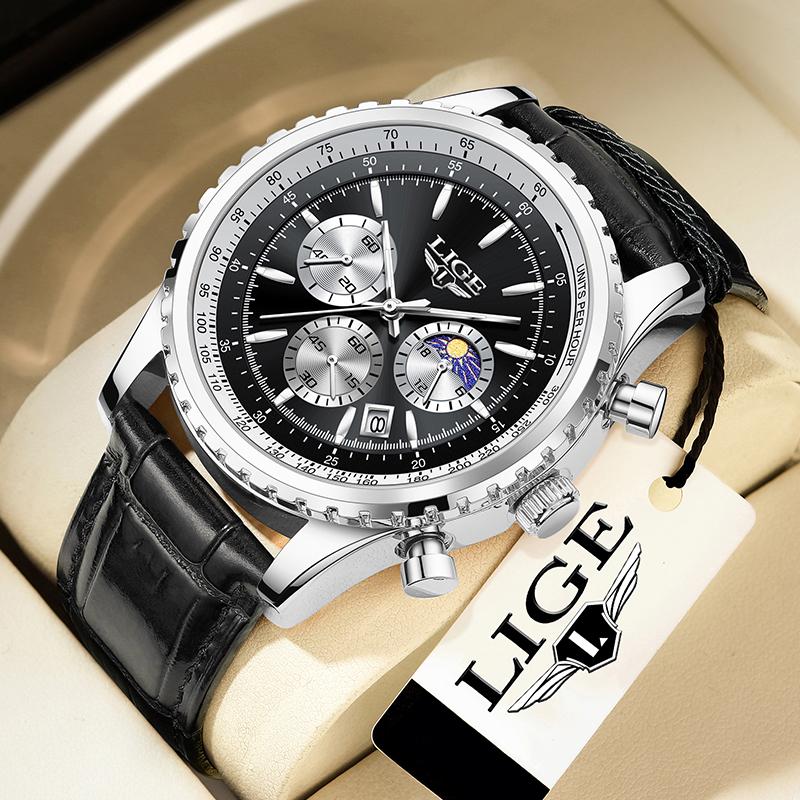 LIGE Luxury Classic Quartz Man Watch Fashion 24H Moon Phase Steel Band Casual Sports Waterproof Luminous Auto Date Men's Watches