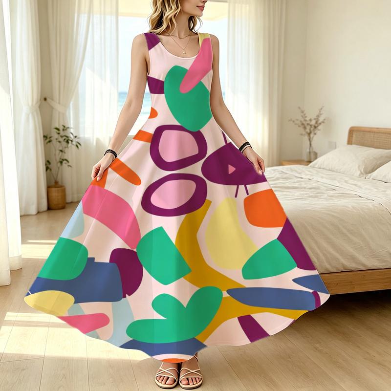 Women's U-Neck Abstract Collection Sleeveless Maxi Dress,Loose Fit,Colorful Geometric,Soft Flowy Fabric,Urban Casual,Ideal for Home & Daily Wear