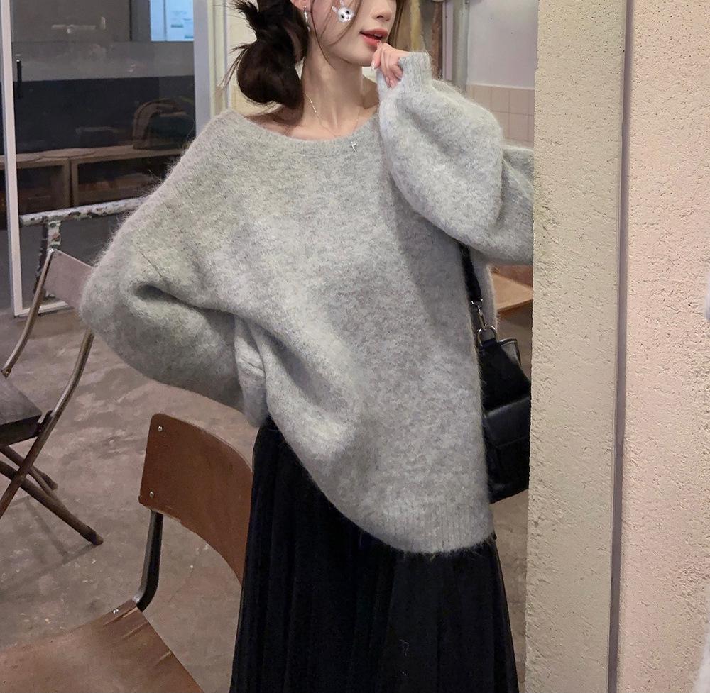 Серый трикотажный свитер-пуловер с бантом в корейском стиле: Модный, Стройнящий, Уличный Стиль для Осенних Женщин