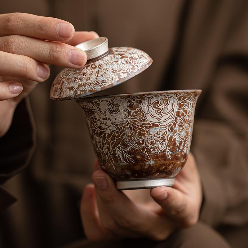 Старые Скальные Глиняные Пиалы Цветочный Позолоченный Серебром Гайвань Китайская Чайная Посуда Кунг-фу Каменная Ретро Чайница Японская Керамическая Посуда для Напитков