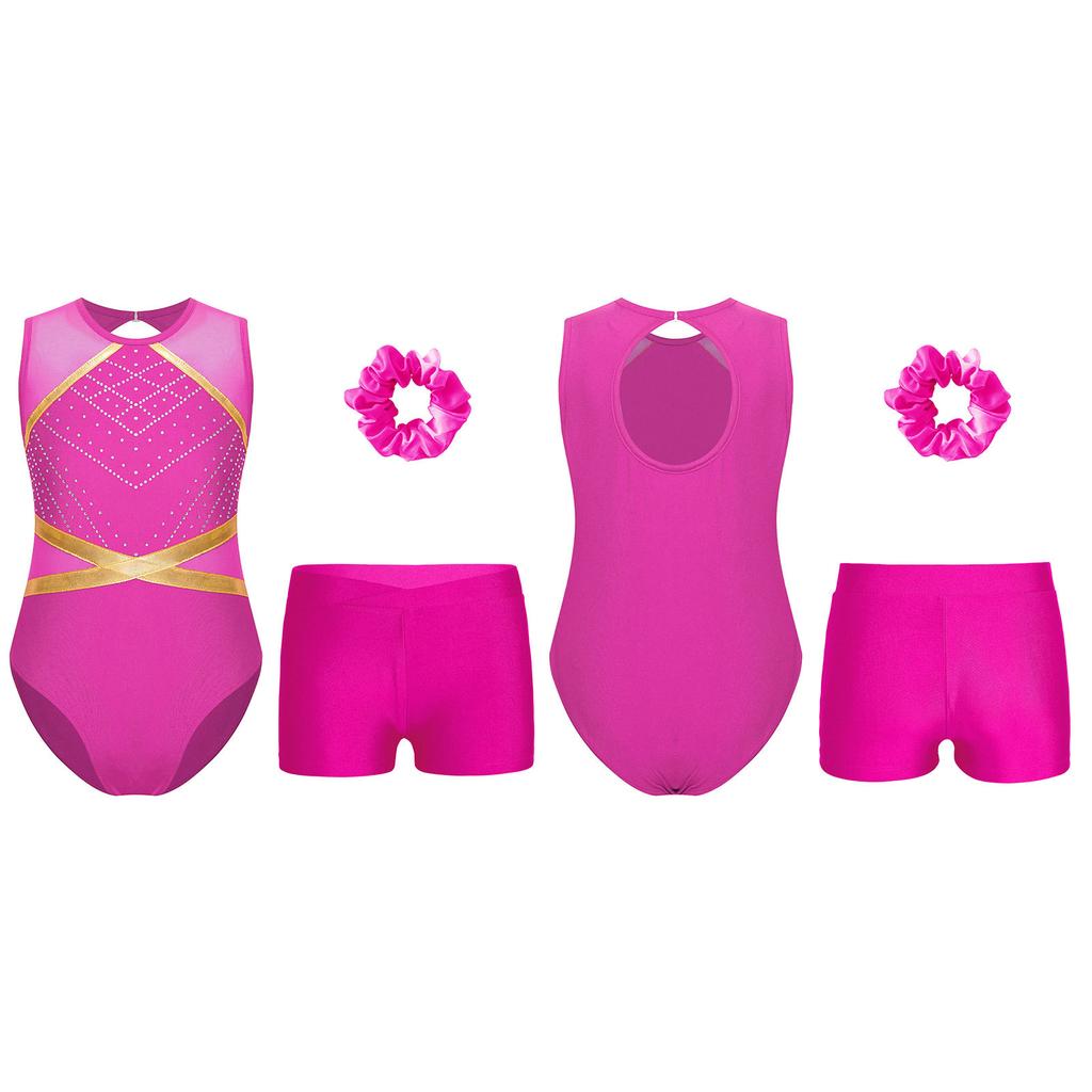 Детский гимнастический костюм для девочек, безрукавка с вырезом-замочной скважиной сзади, блестящие стразы, купальник с V-образным вырезом спереди, шорты, резинка для волос, головной убор