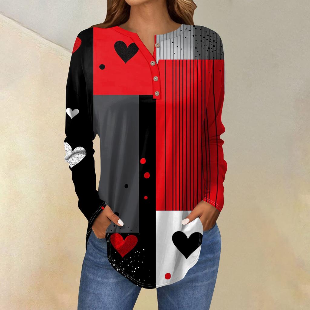 Женская мода свободный воротник на пуговицах с принтом длинный рукав футболка топы пуловер