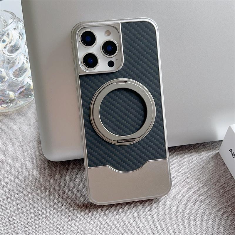 Магнитный Push-Pull 360 Поворотный Держатель Металлический Чехол для Телефона Для iPhone 14 15 16 Pro Max Magsafe Текстура Углеродного Волокна Ударопрочный Чехол