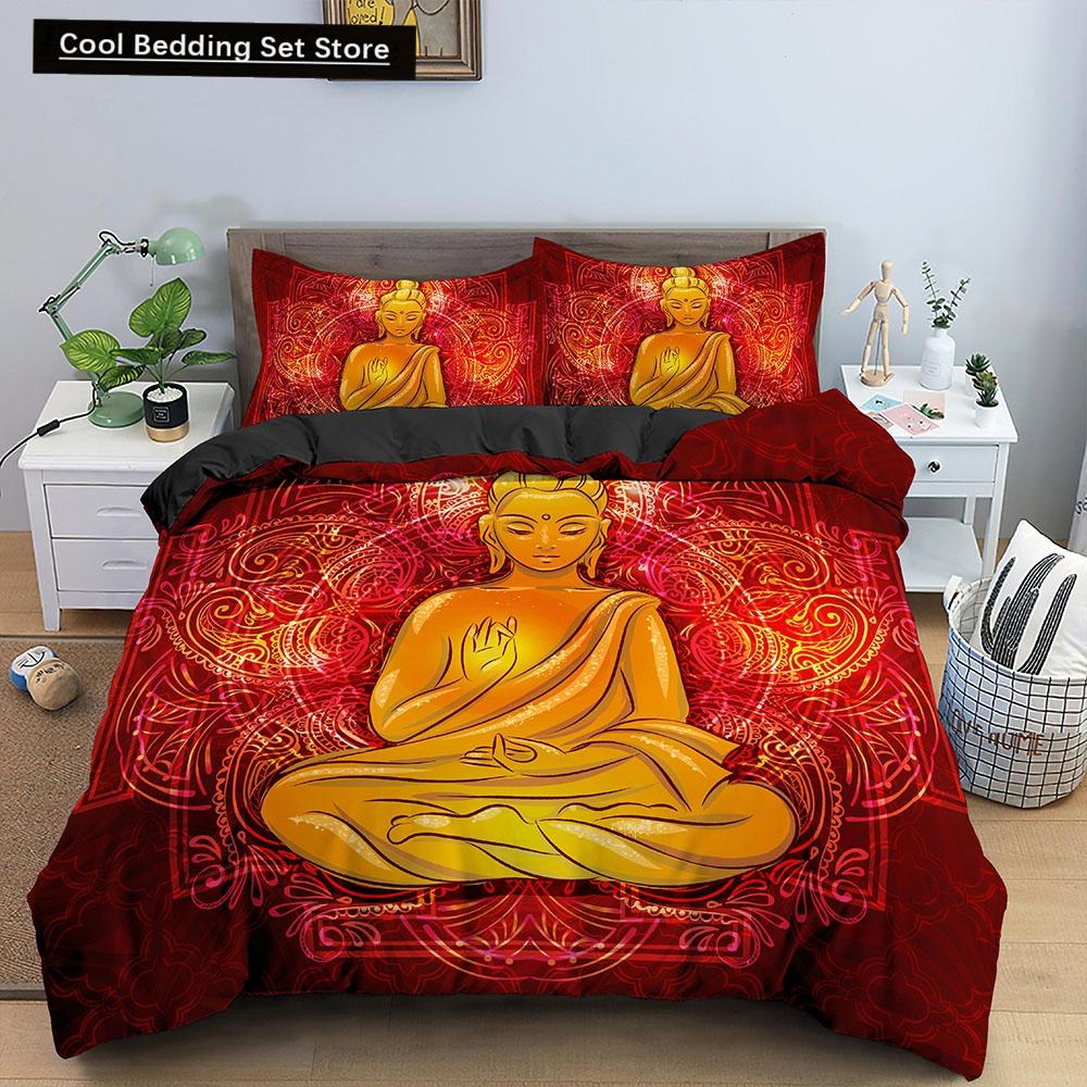 Комплект постельного белья Будда Индийская религия Буддизм Медитация Мандала Пододеяльник Улыбка Будды Цветочный мягкий пододеяльник Queen King Size