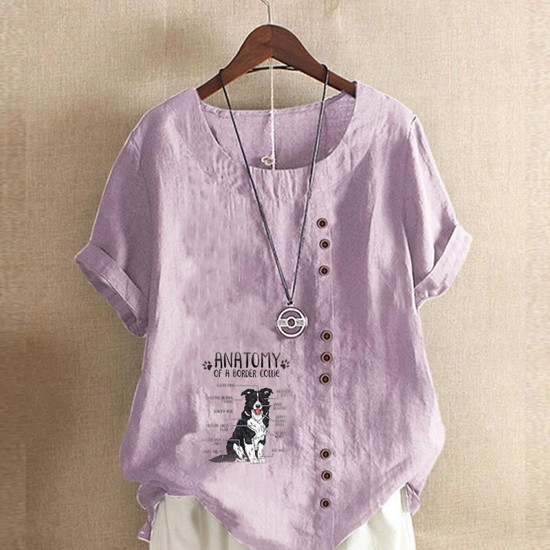 Женская модная футболка с круглым вырезом и коротким рукавом, повседневная рубашка из хлопка и льна с принтом, свободная летняя блузка с принтом в виде милой собаки, топы