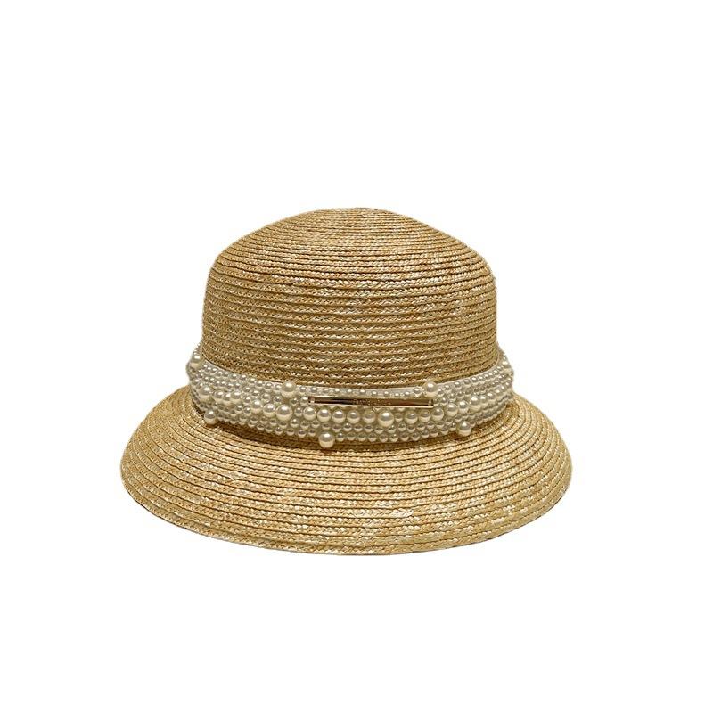 Винтажная соломенная шляпа с жемчужной отделкой, соломенная шляпа-колокол с широкими полями, солнцезащитная соломенная шляпа-цилиндр, женская шляпа Xia Hepburn, элегантная пляжная шляпа
