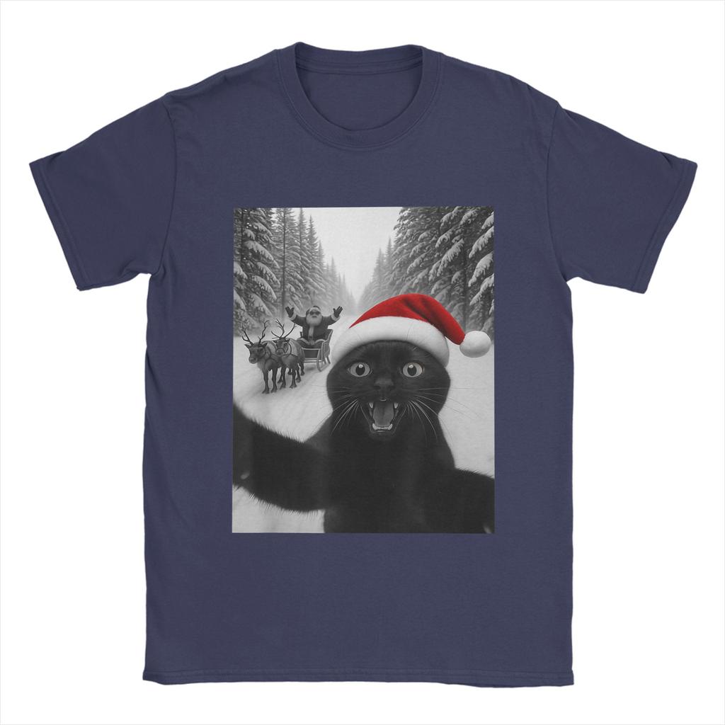 Funny Cat Selfie with Santa Christmas Men's T Shirts Awesome Tees Short Sleeve Round Collar T-Shirts New Arrival Clothing