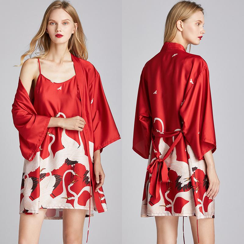 Женский халат-кимоно, халат, темно-синяя ночная рубашка с принтом, одежда для сна, шелковистая, мягкая, атласная ночная рубашка, сексуальная, короткая, повседневная, домашняя одежда