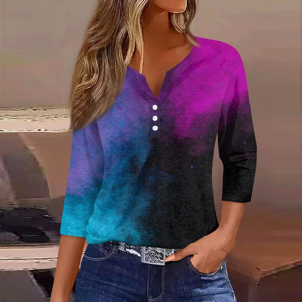 Жен. Футболка Футболка С принтом Пуговицы Рукав 3/4Ежедневно Выходные Мода Классический Топ с v-образным вырезом Обычный
