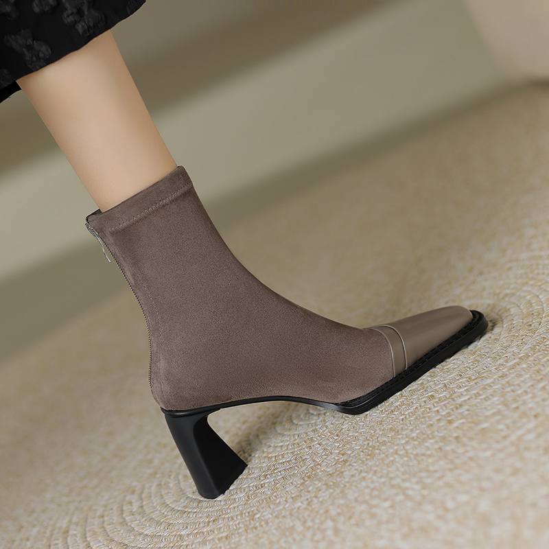 Krazing Pot Зимние эластичные ботинки из флоковой коровьей кожи с квадратным носком на толстом высоком каблуке и молнии, женские однотонные ботильоны