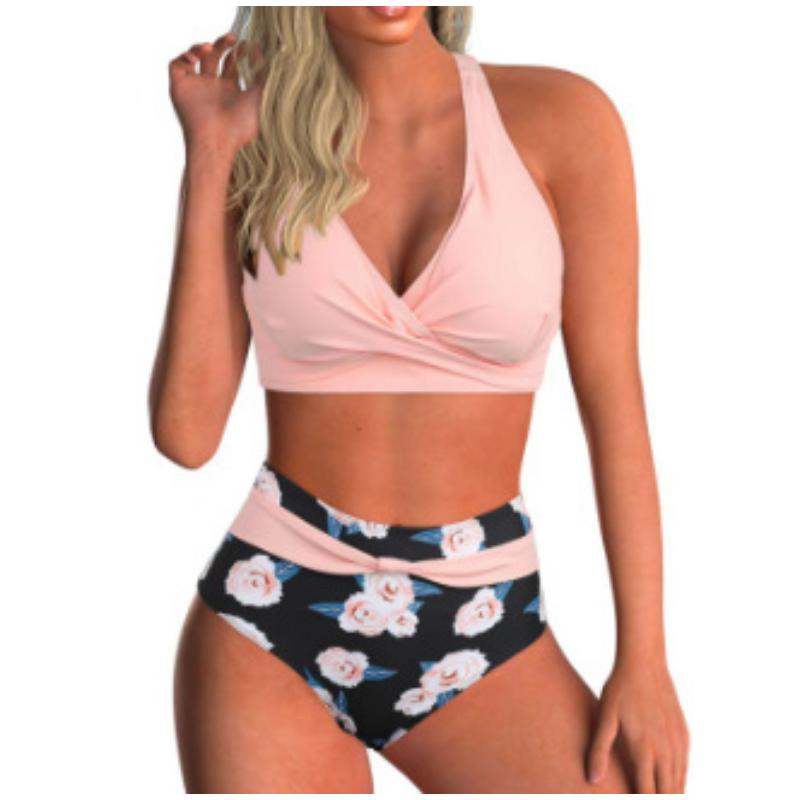 Women's High Waisted Cross Front Halter Bikini Set Color Block Tummy Control Modest Sexy Summer Beach Swimwear