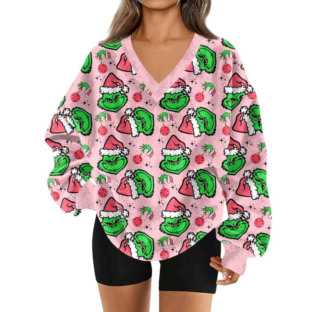 Women's Fashionable V-neck Christmas Printed Long Sleeved Casual Pullover Plush Warm Pocket Sweatshirt Top