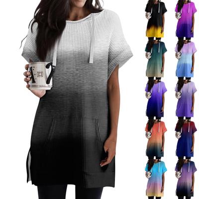 Женские свободные рубашки с принтом, толстовки с короткими рукавами и шнурком, вязаная туника с боковыми разрезами, топы с капюшоном и карманом