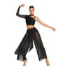 Womens Rhinestone Lyrical Outfit Asymmetrical Long Sleeve Crop Top Loose Irregular Overlay Pants