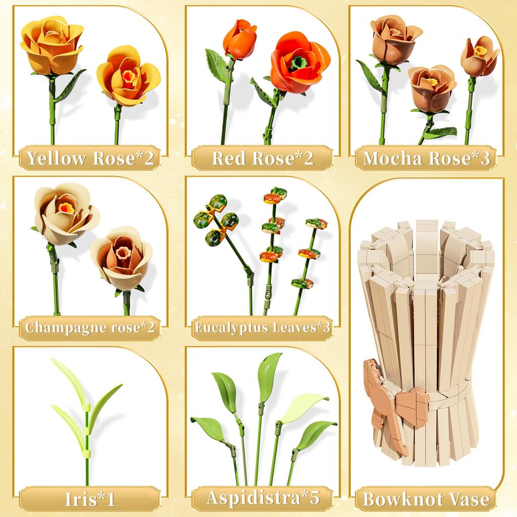 Non-Toxic 868Pcs Rose Bouquet Building Blocks Eternal Flower Vase Model Bricks Home Decoration Ornaments Children Romantic Gift Kids Diy Toys