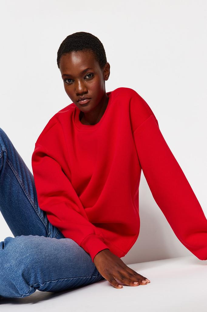 Women's Fashion New Sweatshirt Green Oversize Casual Cut Basic Crew Neck Thick Fleece Knitted Sweatshirt