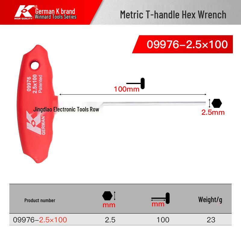 K Brand German T-Type Allen Wrench with Extended Flat Head 6-Point Screwdriver Handle, Extra Long Single Wrench