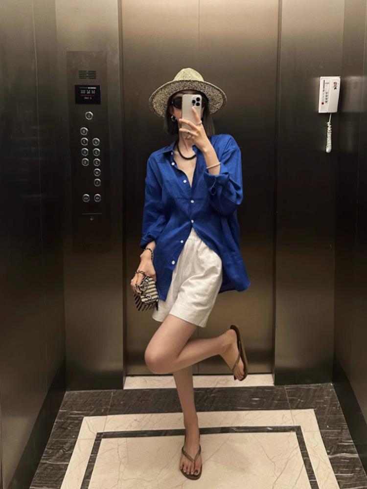 Женская свободная летняя рубашка-кардиган из хлопка и льна с защитой от солнца - Белая, с длинным рукавом