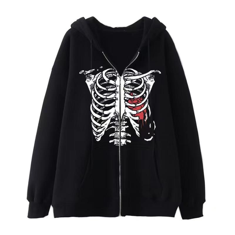 Dark Style Sweatshirt Ladies Hoodie Goth Couple Butterfly Skull Harajuku Large Size Zip Sweater