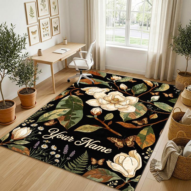 Floral Garden Theme Crystal Velvet Rug Personalized Custom Name Text Soft Floor Mat Home Decor