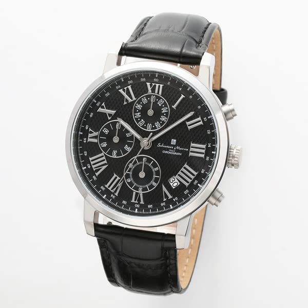 Salvatore Marra Leather Watch SM22103-SSBK Date Display Water Resistant Silver & Black Leather Strap