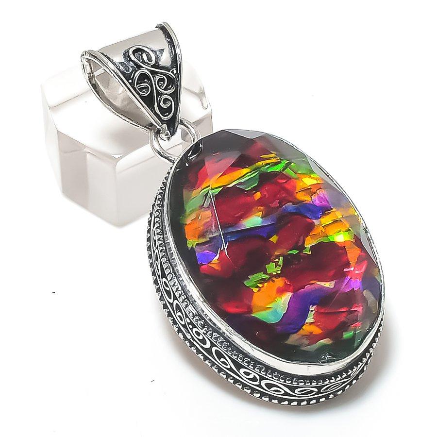 Ammolite Gemstone Handmade 925 Sterling Silver Jewelry Pendant 2.05" E8d97