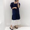 Chic French retro square collar contrasting color splicing hem design loose bubble sleeve dress long dress female tide