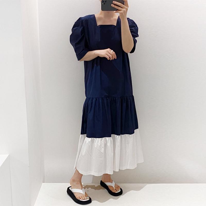 Chic French retro square collar contrasting color splicing hem design loose bubble sleeve dress long dress female tide