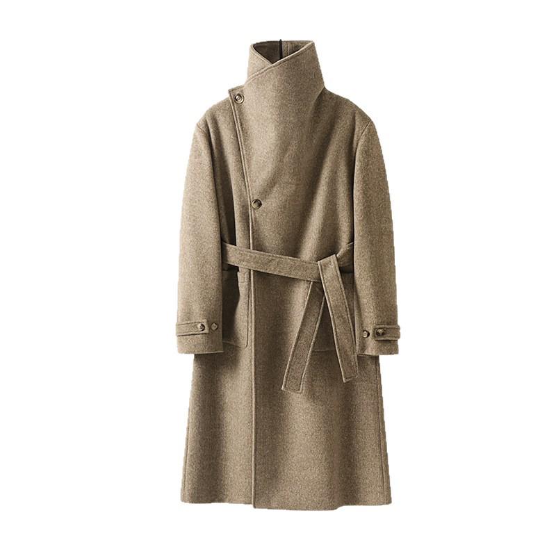 Мужской асимметричный длинный кашемировый пальто с воротником-стойкой и поясом - Большой размер, свободный крой, верхняя одежда для осени и зимы.