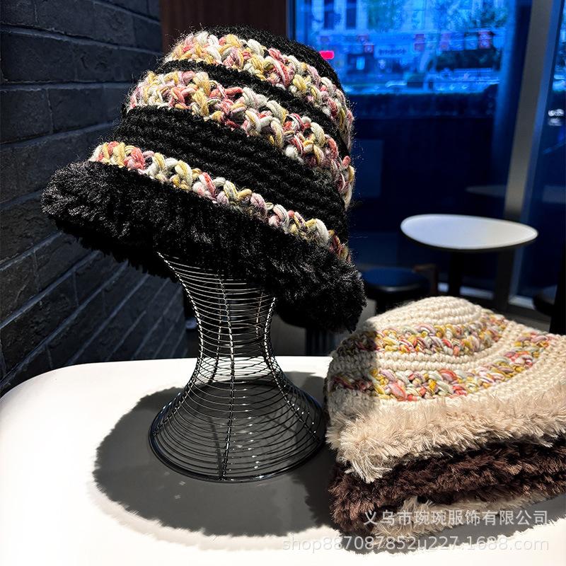 Bohemian style color woven plush edge basin hat women's autumn and winter thickened warm knitted sweet face small bucket hat