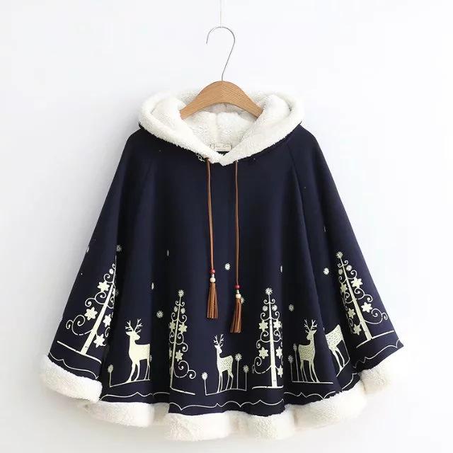2019 Winter College Style Cute Patchwork Rabbit Ear Hooded Fleece-Lined Cape Coat