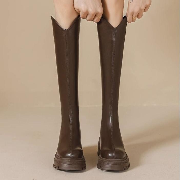 Модные женские сапоги Сапоги до колена Высокое качество Модные Круглый носок Задняя молния Толстая подошва V-образный вырез Женские сапоги Сапоги рыцаря Ботас Мухер