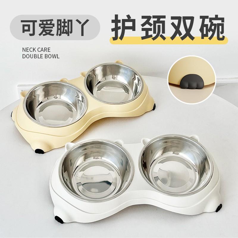 Stainless Steel Cat Feeder Bowl Set With Anti-Spill Sloped Design Dual Food Water Kittens Adult Cats